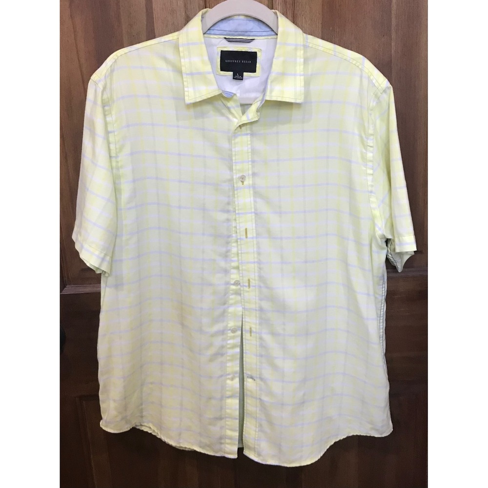 Geoffrey Beene Mens Large Short Sleeve Button Down Shirt Yellow White Plaid